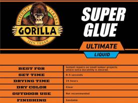 Суперклей Gorilla Ultimate, прозрачный, 15 г с защитой от засорения. США